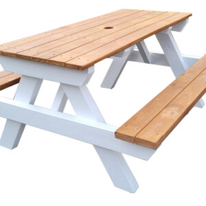 Picnic table white legs and kwila top scaled