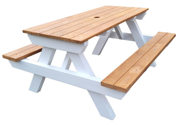 Picnic table white legs and kwila top scaled