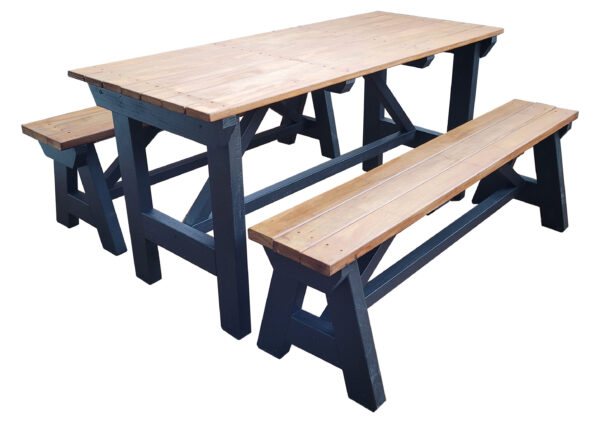 Table and bench black legs and kwila top scaled